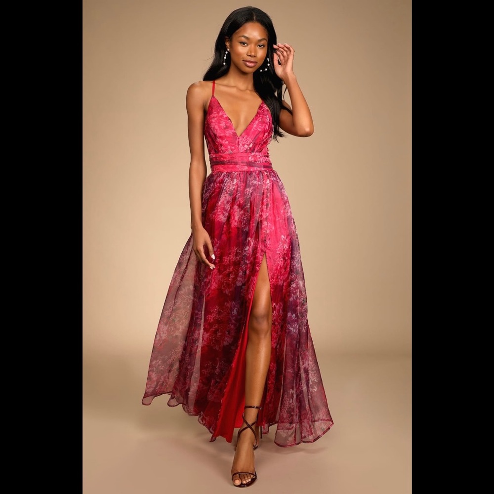 Lulus Magenta Floral Print Organza Maxi Dress